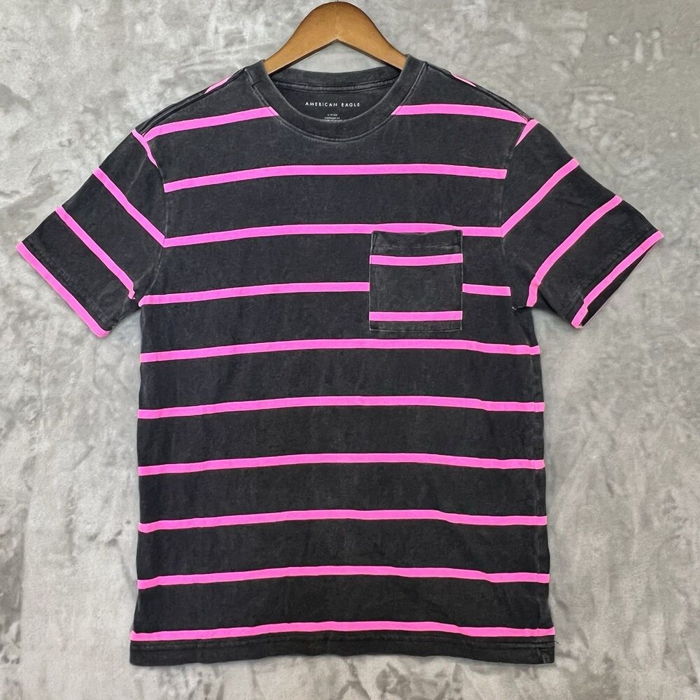 American Eagle Gray Distressed Pink Cotton Strip Pocket Mens Size Small Shirt